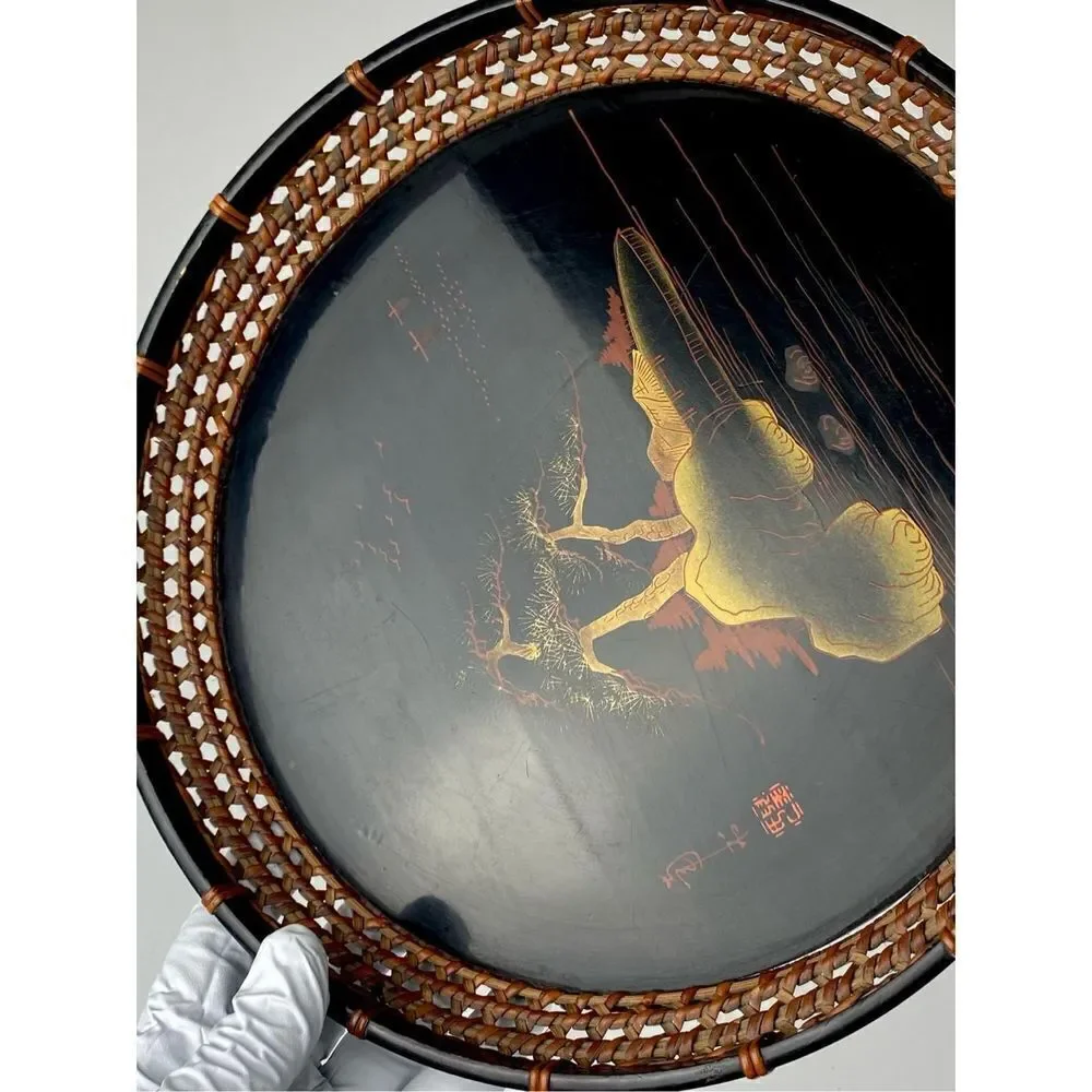 Vintage Japanese Lacquered Hand Painted Wooden Tray with Wicker Sides DR1647